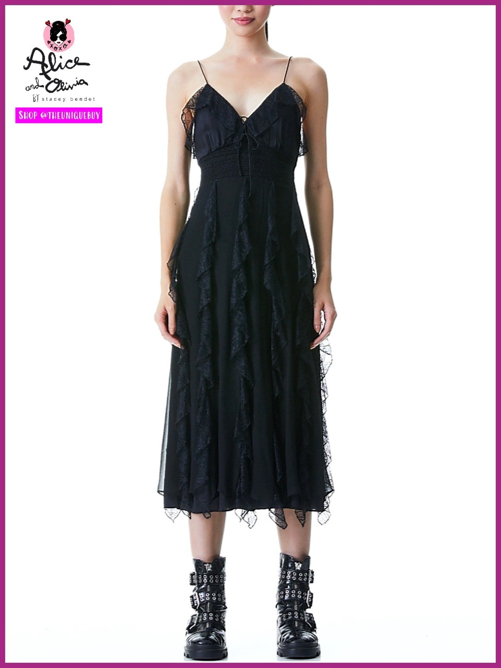 Alice + Olivia McGuire Lace & Silk Blend Black Midi Dress - Picture 1 of 17
